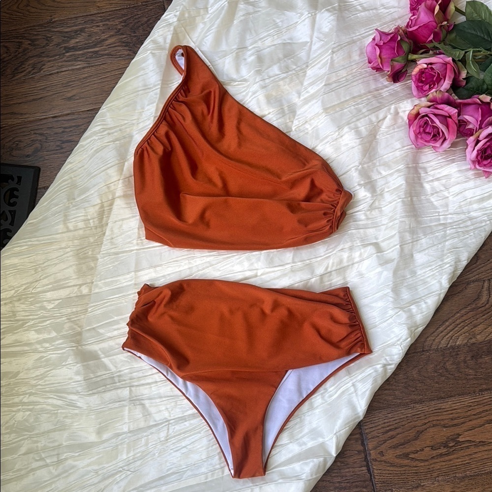 Rust Orange One-Shoulder Bikini Set - Picture 1 of 2